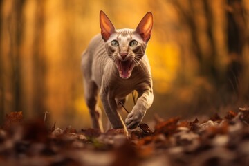 Medium shot portrait photography of a funny peterbald cat pouncing against a rich autumn landscape. With generative AI technology