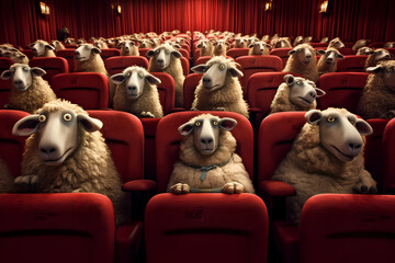 Sheep in the cinema hall. Generative AI