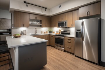 kitchen with energy-efficient appliances, including smart refrigerator and induction cooktop, created with generative ai