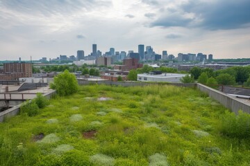 Fototapeta premium green rooftops with view of the city skyline, showcasing urban landscape, created with generative ai