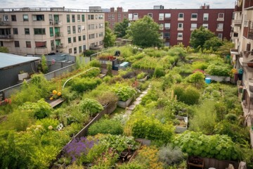 Fototapeta premium green rooftop garden, with plants and flowers blooming, created with generative ai
