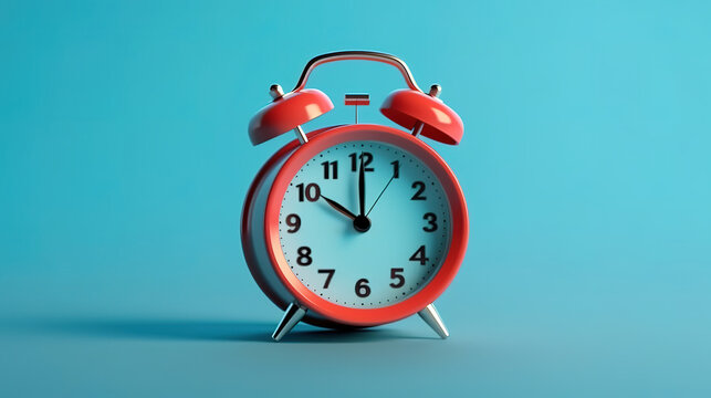 Red alarm clock isolated on blue background. Vector illustration in flat style. Generative Ai