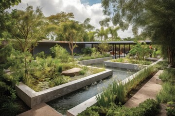 Fototapeta na wymiar green roof with garden and water feature, creating peaceful oasis, created with generative ai