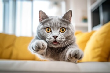 Medium shot portrait photography of a happy british shorthair cat running against a comfy sofa. With generative AI technology
