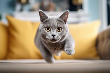 Lifestyle portrait photography of a curious british shorthair cat running against a comfy sofa. With generative AI technology