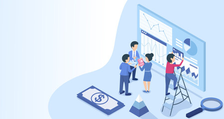 Fototapeta na wymiar Business ideas concept. Teamwork meeting to discuss management strategy, tactical plan, working together to make business grow. Isometric 3D vector design illustration with copy space.