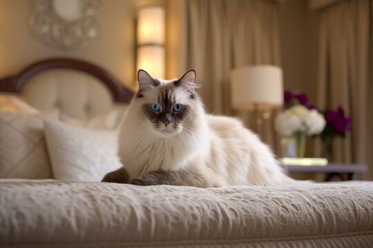 Full-length portrait photography of a happy ragdoll cat scratching against an inviting bed. With generative AI technology