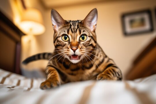 Lifestyle portrait photography of a curious bengal cat sprinting against an inviting bed. With generative AI technology