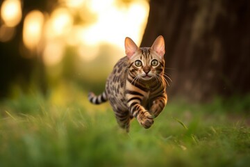 Medium shot portrait photography of a funny bengal cat running against a beautiful nature scene. With generative AI technology