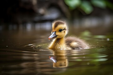 a newborn duckling swimming in a pond, created with generative ai