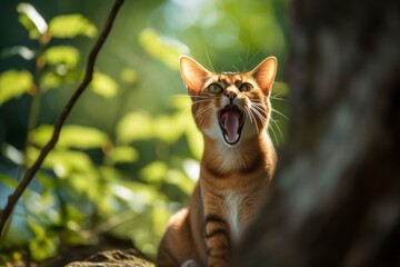 Full-length portrait photography of a funny abyssinian cat murmur meowing against a beautiful nature scene. With generative AI technology