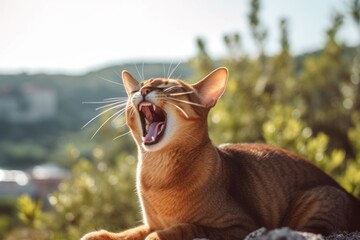 Group portrait photography of a funny abyssinian cat yawning against a beautiful nature scene. With generative AI technology - obrazy, fototapety, plakaty