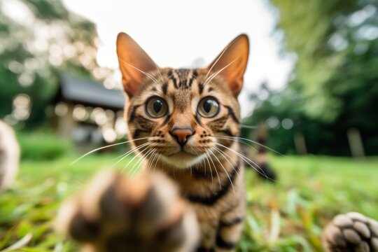 Group portrait photography of a funny bengal cat paw-licking against a beautiful nature scene. With generative AI technology