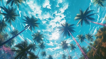 Low angle view of aquamarine sky palm trees, with blue sky and white cloud in the background. Created with Generative Ai Technology