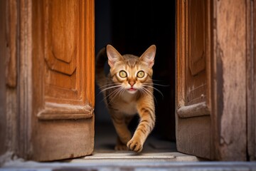 Medium shot portrait photography of a cute abyssinian cat hopping against a vintage-looking door. With generative AI technology