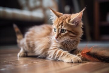 playful kitten chasing after feather on the floor, created with generative ai
