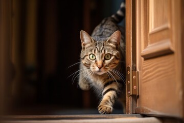 Lifestyle portrait photography of a curious tabby cat playing against a vintage-looking door. With generative AI technology