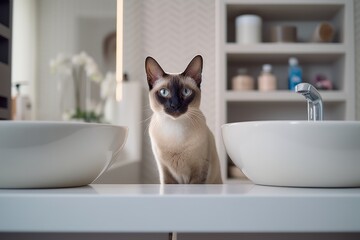 Lifestyle portrait photography of a curious siamese cat skulking against a sleek bathroom. With generative AI technology
