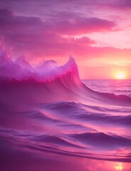 Expanse of ocean and sunset sky. Gorgeous pink, lilac sunset over the quiet expanse of the sea with a wave. Fantastic seascape. generative AI
