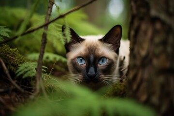 Naklejka na ściany i meble Medium shot portrait photography of a curious siamese cat wall climbing against an enchanting forest. With generative AI technology