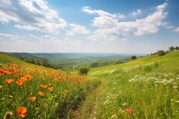 rolling countryside hills with blooming wildflowers of springtime, created with generative ai
