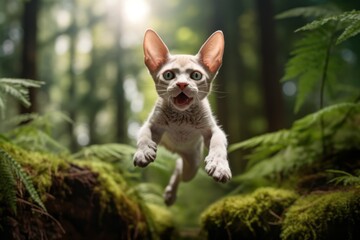 Naklejka na ściany i meble Medium shot portrait photography of a happy devon rex cat leaping against an enchanting forest. With generative AI technology