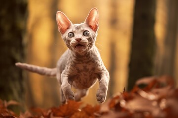 Medium shot portrait photography of a happy devon rex cat leaping against an enchanting forest. With generative AI technology