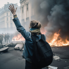 Woman Protesting, Standing in the middle of a riot, generative ai