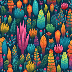 Obraz na płótnie Canvas Cactuses and succulents seamless repeat pattern, cute cartoon boho [Generative AI] 