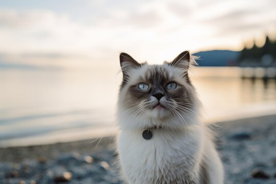 Medium shot portrait photography of a happy ragdoll cat tail wagging against a serene beach. With generative AI technology