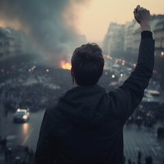 Victorious young man urging protesters, generative ai