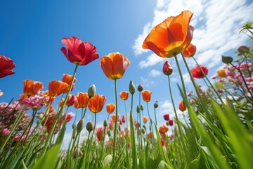 closeup of tulips growing in a garden against a blue sky background, created with generative ai