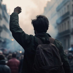 Young Man in the middle of a Riot, generative ai