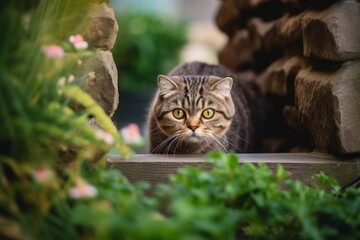 Naklejka na ściany i meble Environmental portrait photography of a curious scottish fold cat window watching against a charming garden path. With generative AI technology