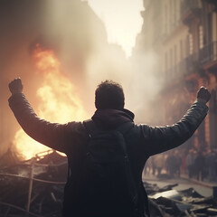 Protester Raising his Hands up-high, Choas all around him, generative ai