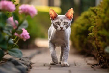 Full-length portrait photography of a cute devon rex cat playing against a charming garden path. With generative AI technology
