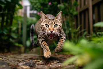 Naklejka na ściany i meble Medium shot portrait photography of a funny savannah cat leaping against a charming garden path. With generative AI technology