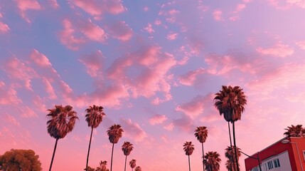 A row of palm trees in front of a pink sky. Empty aesthetic sky individual palm trees aesthetic color. Created with Generative Ai Technology