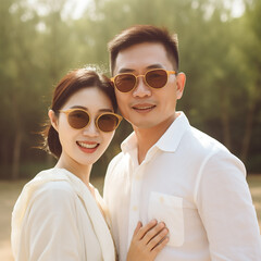 Happy Chinese Couple smiling, wearing sunglasses, sunny day, generative ai