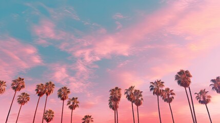 A row of palm trees with a pink sky in the background. Empty aesthetic sky individual palm trees aesthetic color. Created with Generative Ai Technology