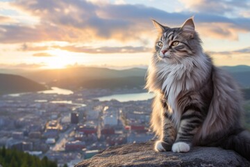 Obraz premium Environmental portrait photography of a happy norwegian forest cat scratching against a stunning skyline. With generative AI technology