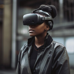Young Black Woman wearing a VR Gear, Outdoor, generative ai