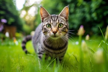 Naklejka na ściany i meble Lifestyle portrait photography of a cute american shorthair cat begging for food against a lush green lawn. With generative AI technology