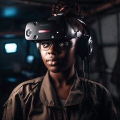 Young Black Woman wearing a VR Gear, generative ai