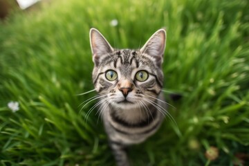 Lifestyle portrait photography of a cute american shorthair cat begging for food against a lush green lawn. With generative AI technology