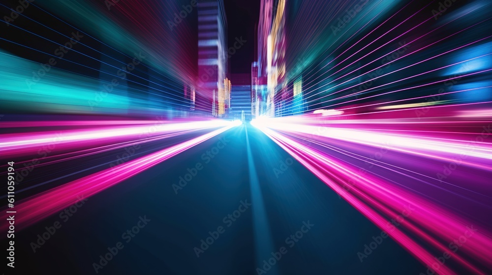 Wall mural Road with light trails of passing vehicles. Motion speed light in city. Dynamic background. Town at night with speed traffic. Generative AI. Illustration for banner, poster, cover or presentation.