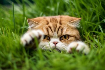 Naklejka na ściany i meble Close-up portrait photography of a curious exotic shorthair cat paw-licking against a lush green lawn. With generative AI technology