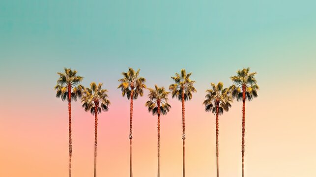 A row of palm trees against a pastel sky. Modern minimal photo of palm trees, low shot and pastel colors. Created with Generative Ai Technology