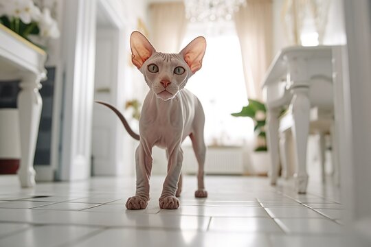 Full-length portrait photography of a happy sphynx cat paw-licking against a chic dining room. With generative AI technology
