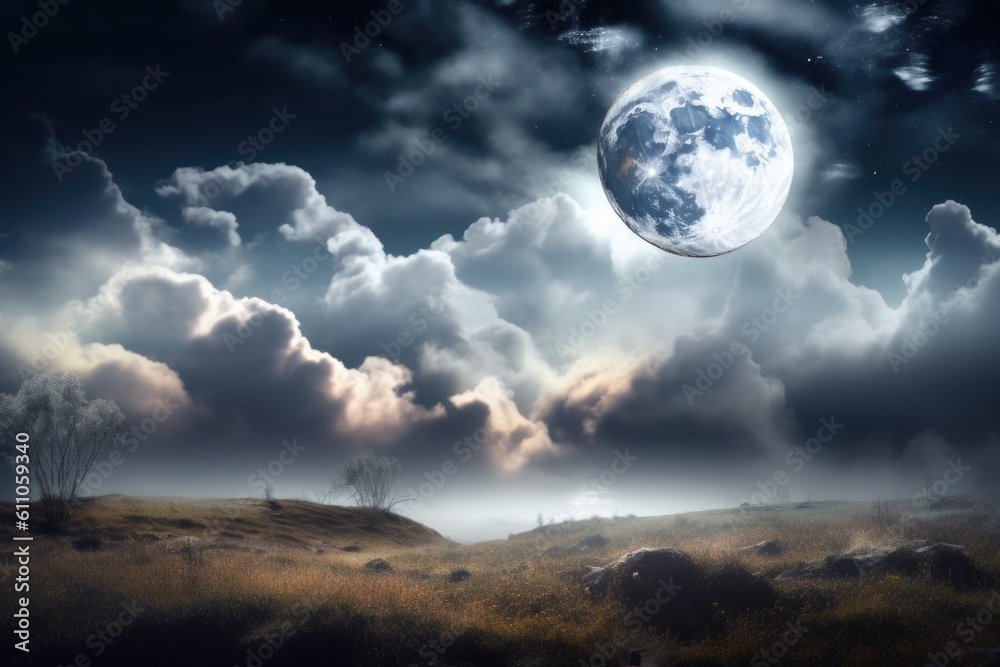 Wall mural abstract and surreal landscape with moonlight shining through the clouds, created with generative ai